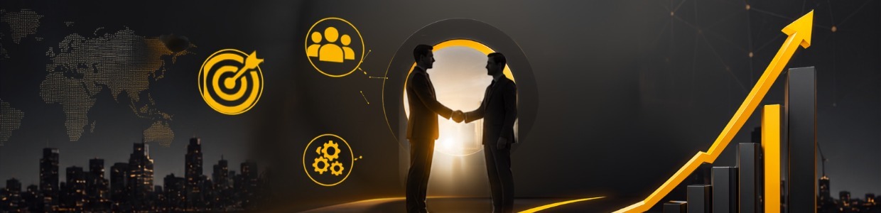 Business partnership handshake with growth chart, target achievement, team collaboration, and business strategy icons representing digital marketing success and business growth | Ace360 Degree