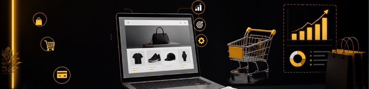 Ecommerce website development displayed on a laptop with online shopping cart, payment icons, sales analytics dashboard, and digital commerce growth concept | Ace360 Degree
