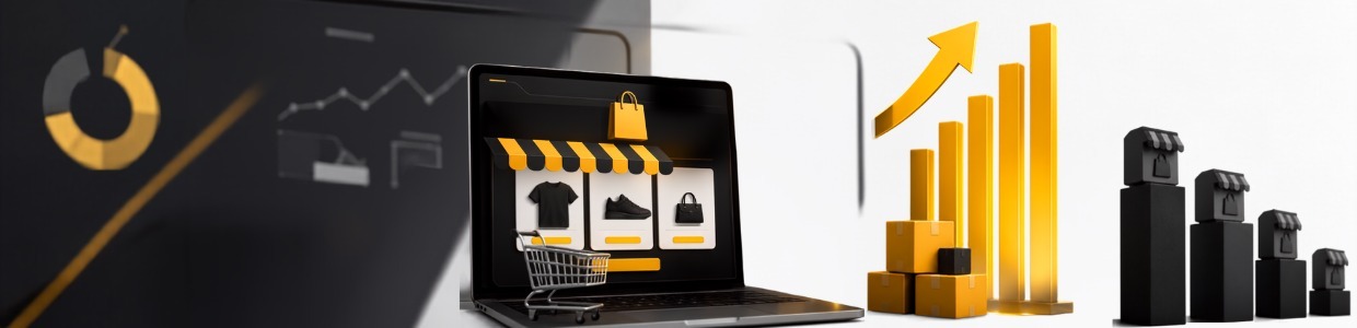 Ecommerce business growth concept featuring an online shopping website, digital storefront, sales analytics, product management, and revenue growth chart for online retail success | Ace360 Degree