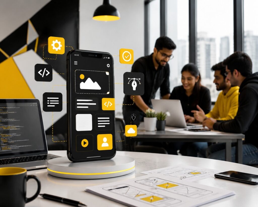 Custom mobile app development dashboard showcasing smartphone UI design, coding interface, cloud integration, analytics, database management, security features, and software development workflow for modern applications | Ace360 Degree