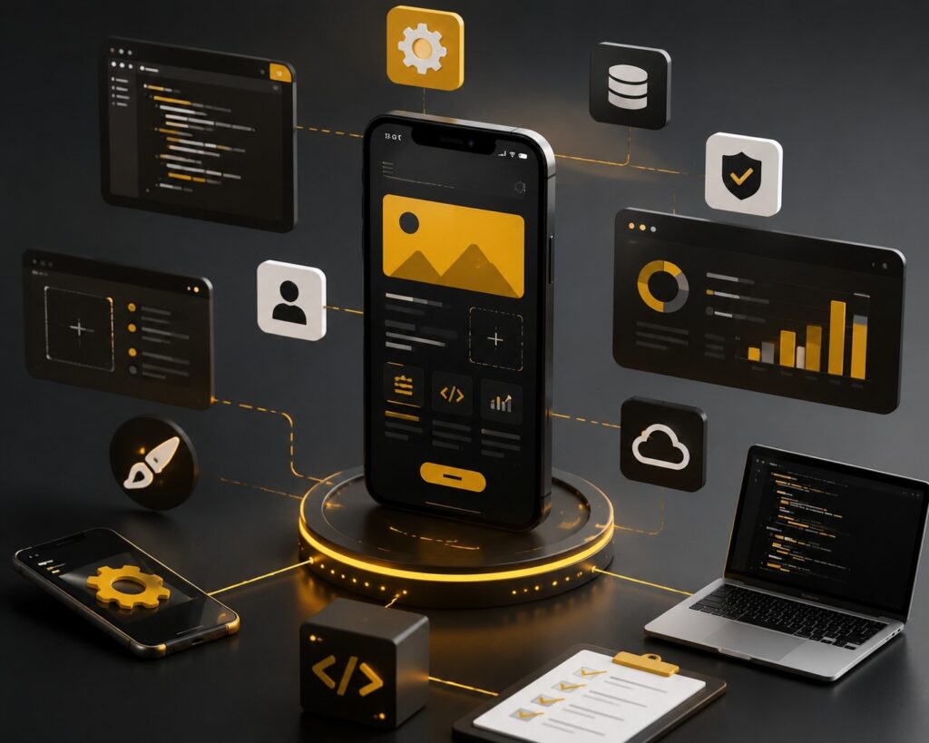 Modern mobile app development workspace with UI/UX wireframes, smartphone app interface, coding laptop, and a collaborative software development team designing a custom mobile application in a modern office | Ace360 Degree