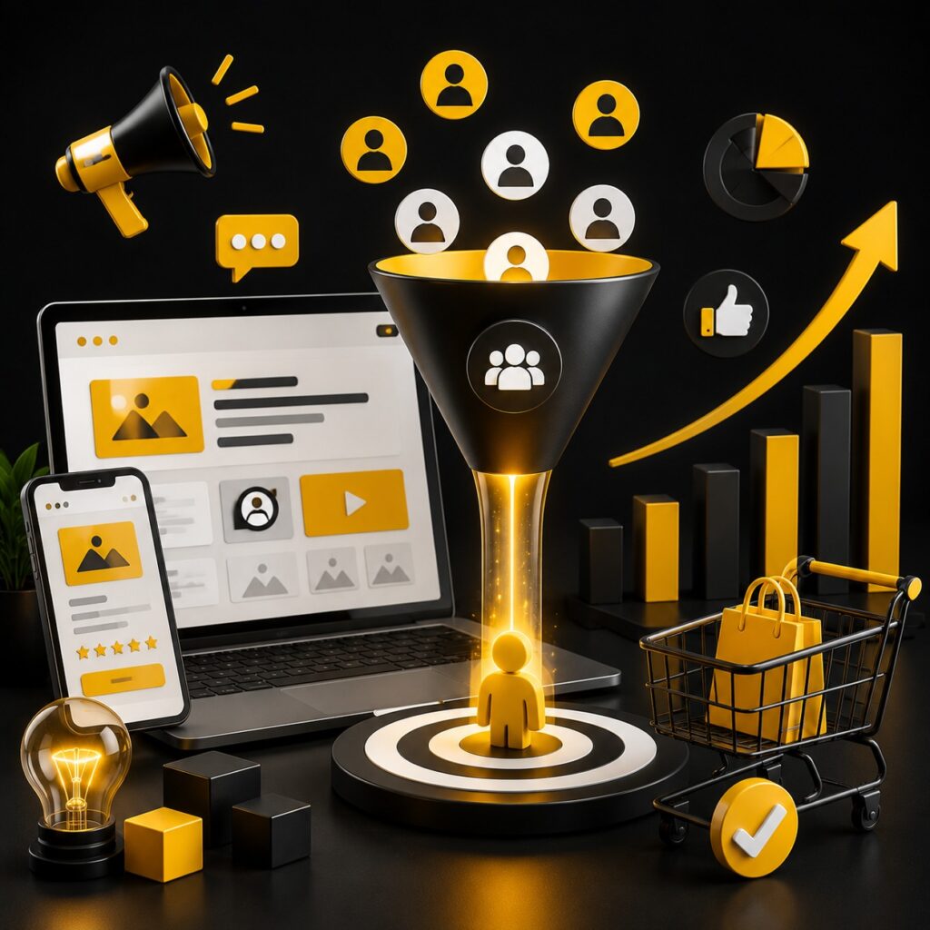 Digital marketing conversion funnel with website, audience targeting, lead generation, analytics growth chart, and online shopping elements in a black and yellow theme.