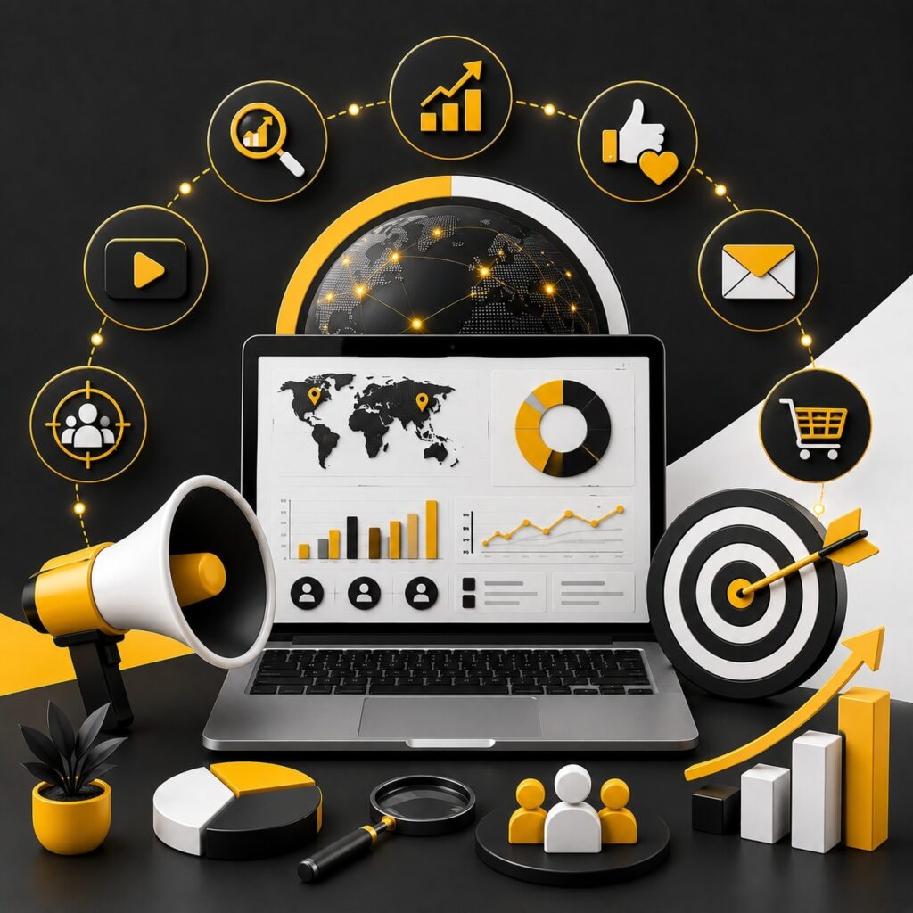 Digital marketing analytics dashboard displayed on a laptop with global audience targeting, SEO growth, social media, email marketing, eCommerce, performance analytics, and business strategy icons representing data-driven marketing success | Ace360Degree