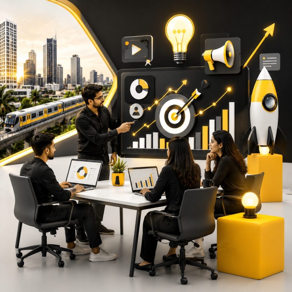 Digital marketing team presenting business growth strategies with analytics dashboard, target achievement, branding, content marketing, SEO, advertising, and performance metrics in a modern office environment | Ace360Degree