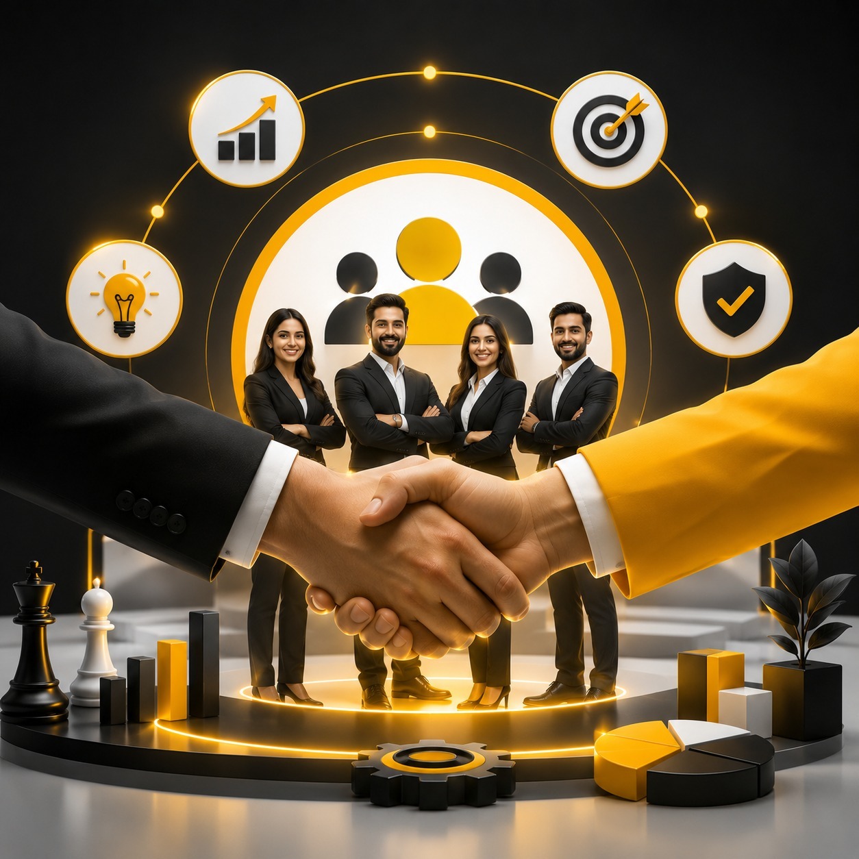 Business partnership handshake with a professional corporate team, growth charts, target, innovation, security, and strategy icons representing trust, collaboration, and business growth | Ace360Degree