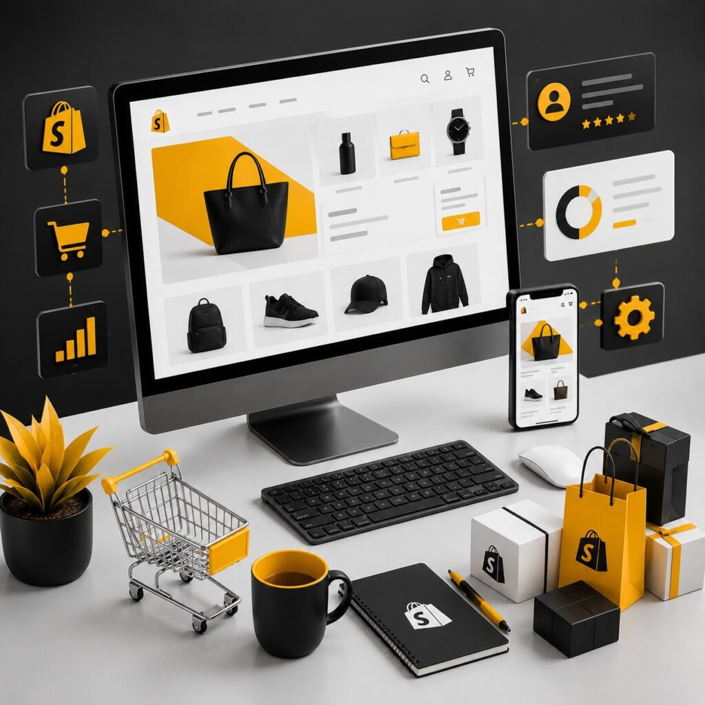 Custom Shopify eCommerce website displayed on desktop and mobile with online shopping interface, product catalog, analytics, customer reviews, shopping cart, and store management tools for scalable online business growth | Ace360Degree