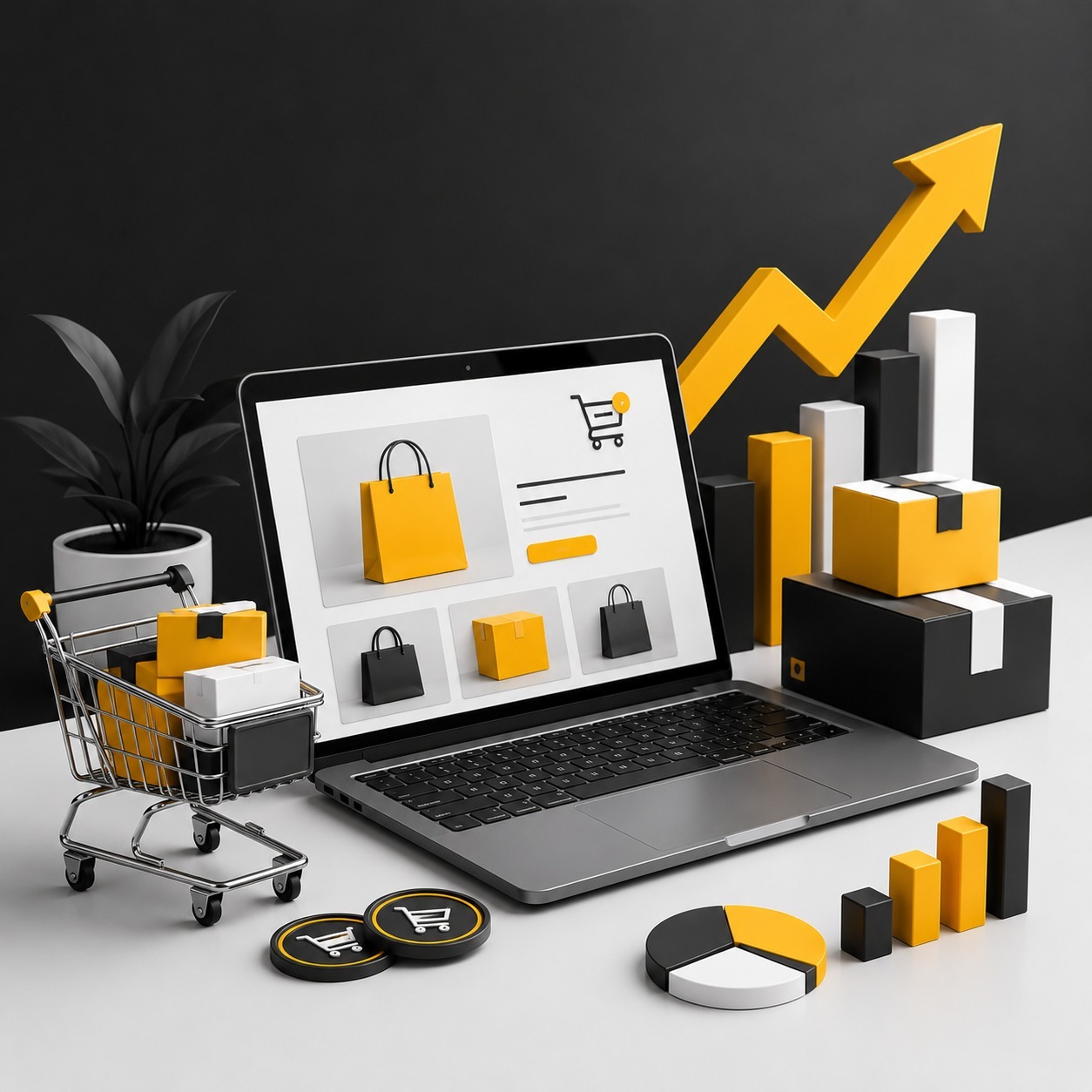 Shopify eCommerce website showcasing online product catalog, shopping cart, packaged orders, sales growth chart, analytics, and order fulfillment, representing scalable online store growth and digital commerce success | Ace360Degree