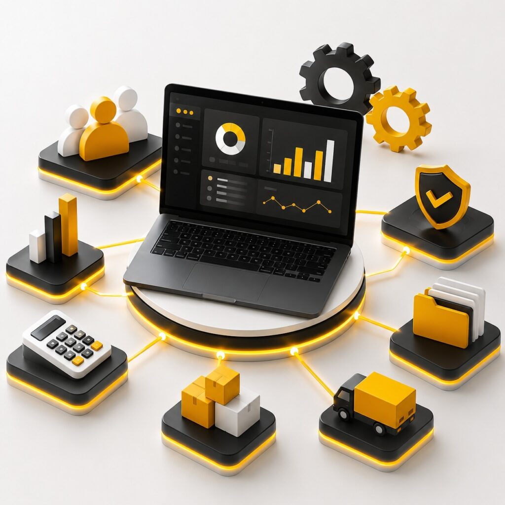 CRM and ERP software dashboard with business analytics, inventory, logistics, and security solutions | Ace360 Degree