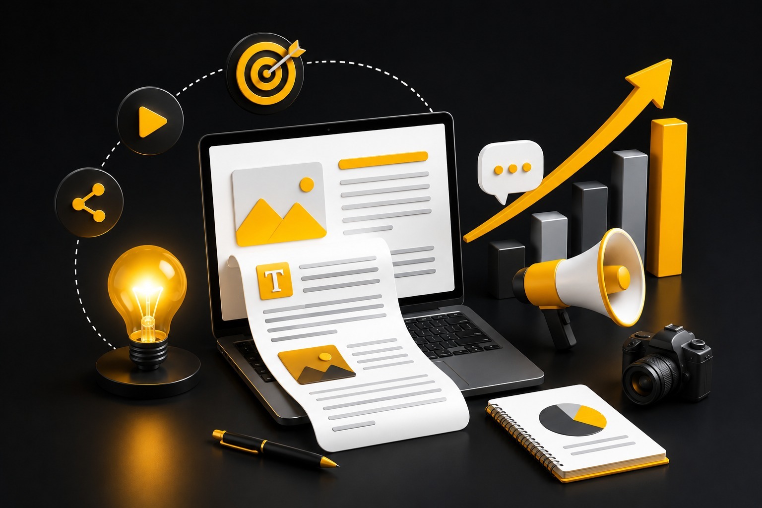 Digital content marketing strategy with laptop, content creation, target audience, social media promotion, and business growth analytics | Ace360 Degree