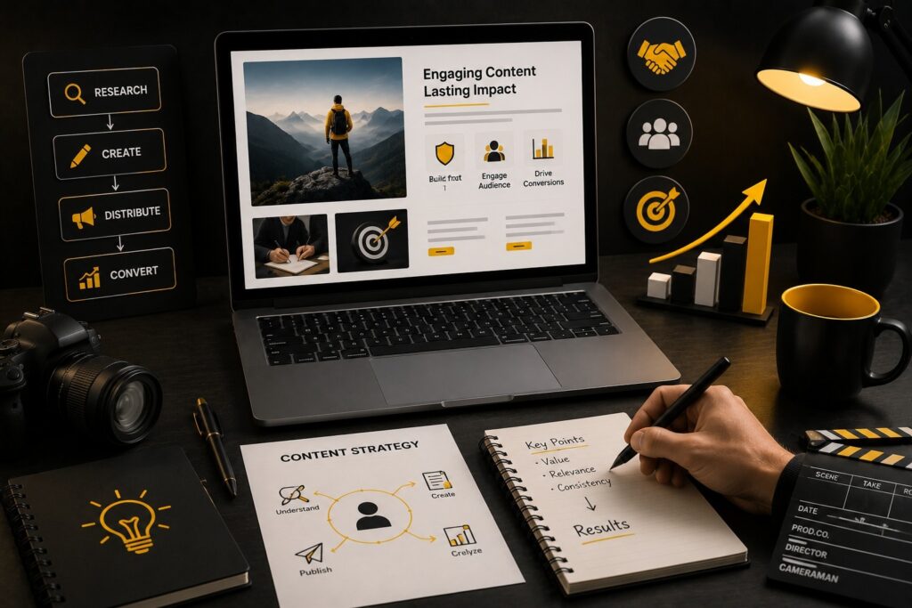 Content strategy and digital marketing planning with laptop, research, content creation, distribution, and conversion workflow | Ace360 Degree
