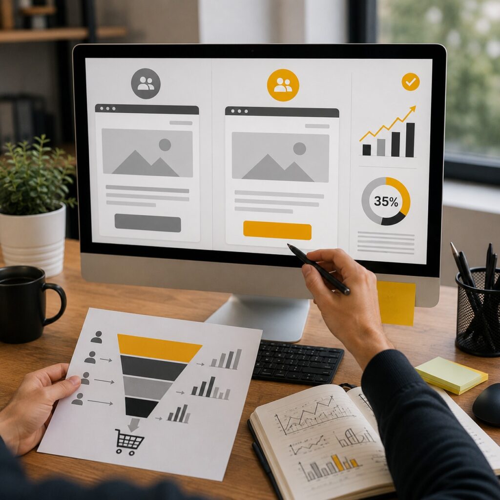 Website conversion rate optimization analysis with A/B testing, sales funnel and performance analytics