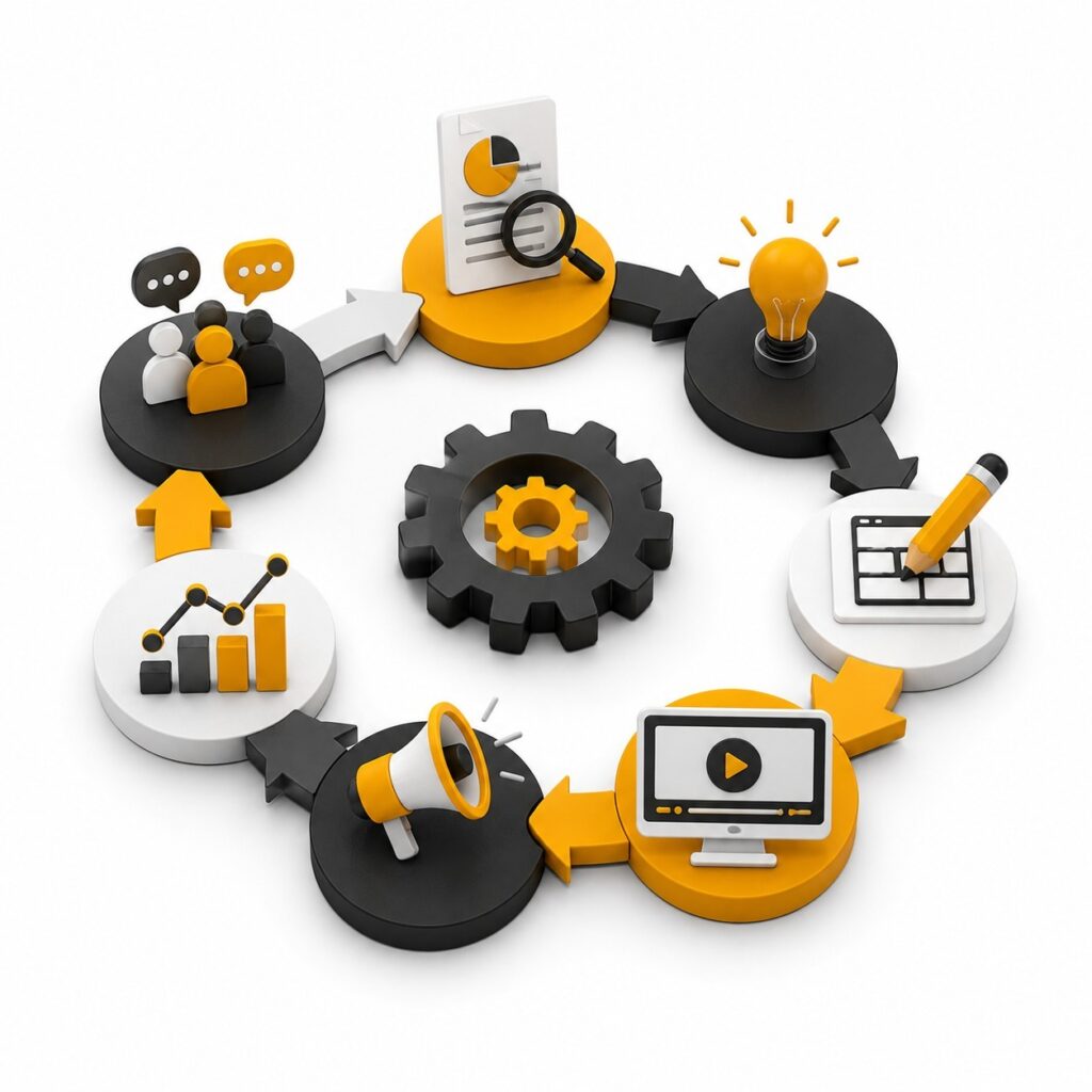 Digital marketing strategy workflow with audience research, analytics, content planning, promotion, and performance optimization | ACE 360 Degree