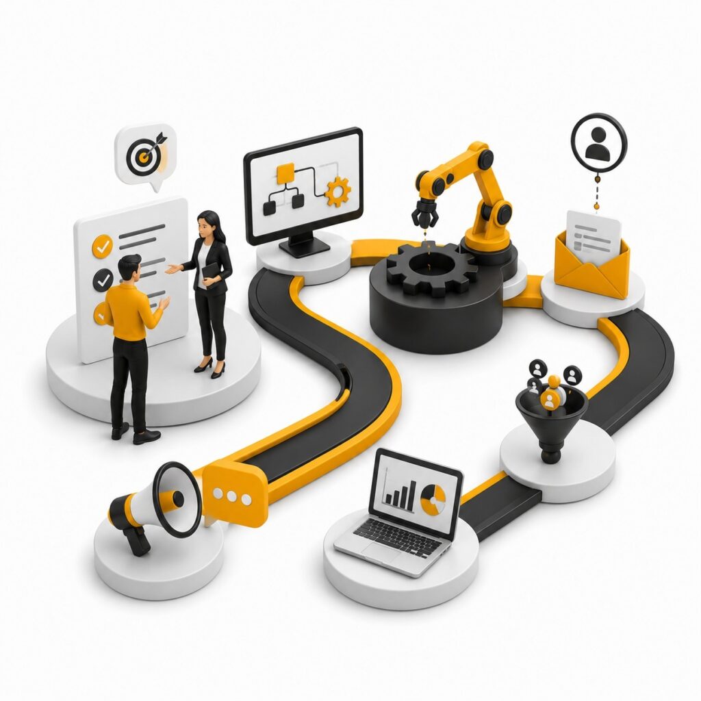 Digital marketing automation workflow with lead generation, audience targeting, analytics, and campaign management | ACE 360 degree