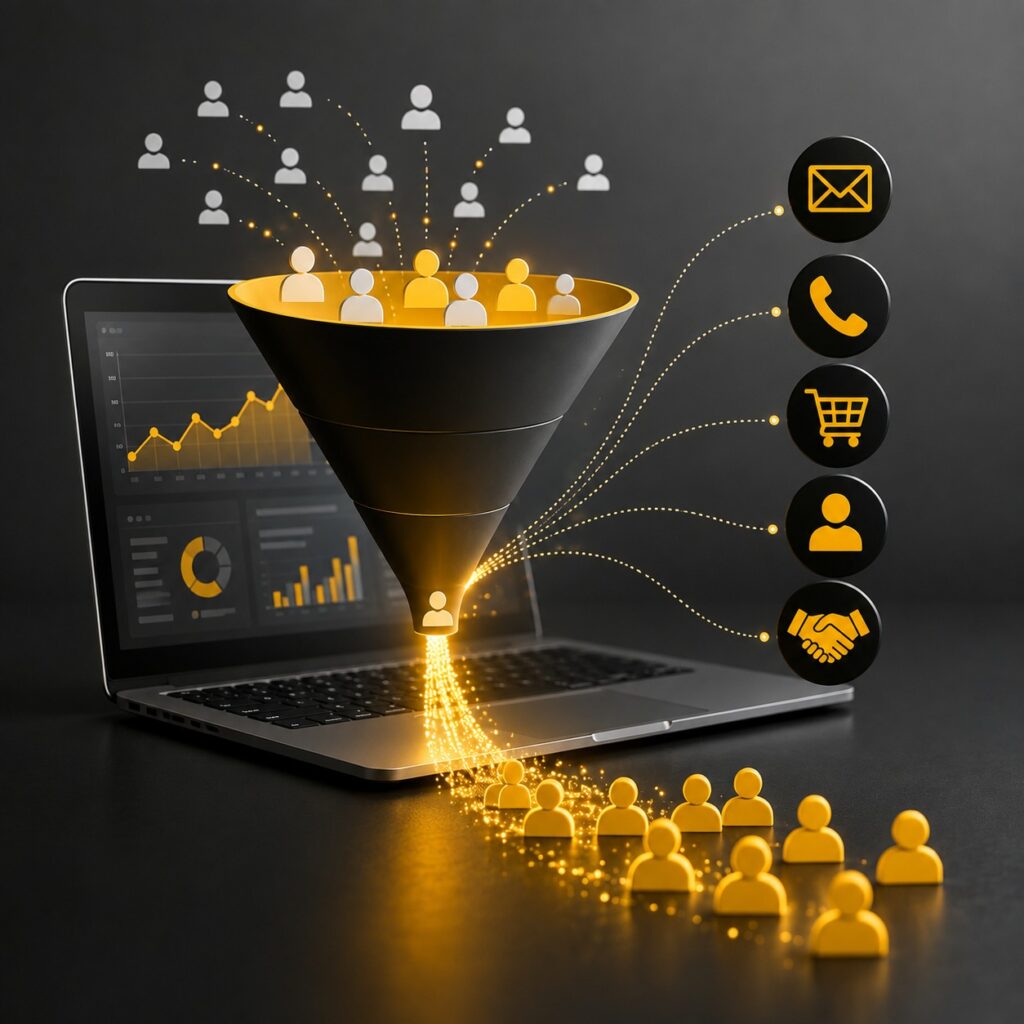 Digital marketing lead generation funnel converting website visitors into qualified leads and customers