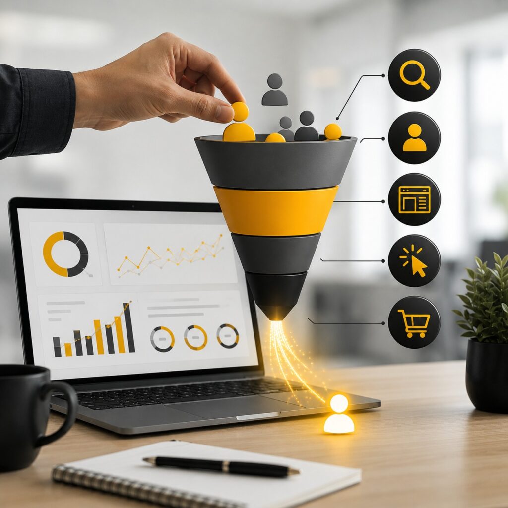 Digital marketing conversion funnel turning website visitors into qualified leads and customers