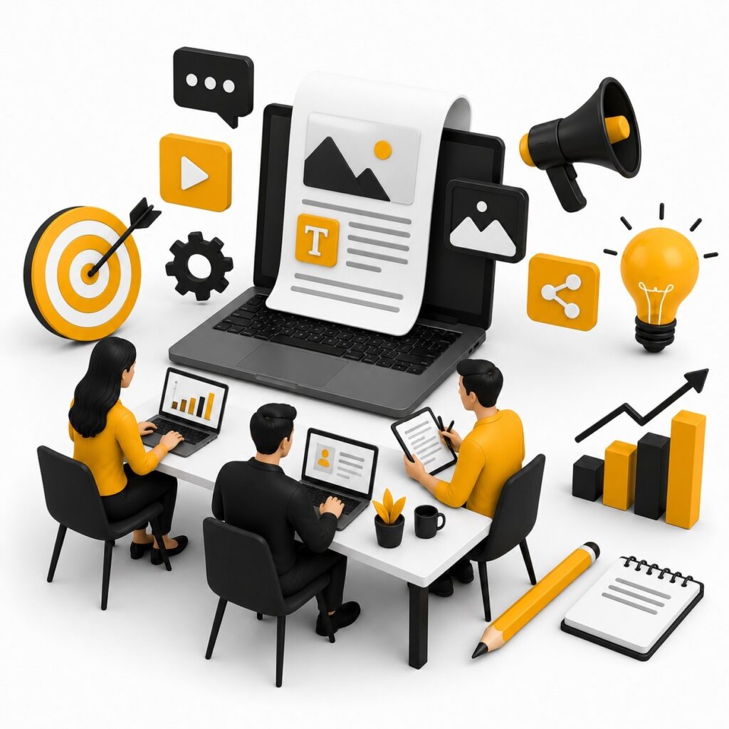Digital content marketing team creating content, analyzing data, managing campaigns, and driving business growth | ACE 360 degree