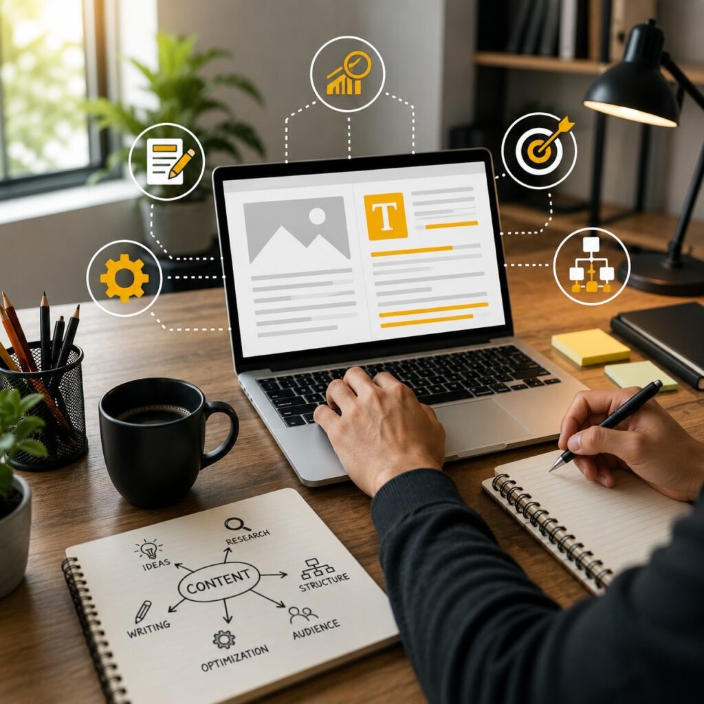 Content marketing strategy with research, content creation, audience targeting, optimization, and performance tracking | ACE 360 degree