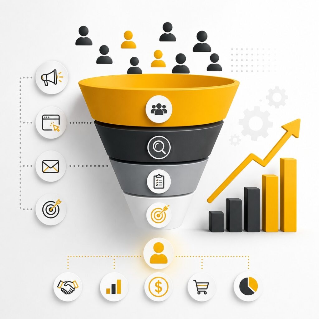 Digital marketing conversion funnel with audience targeting, lead generation, customer conversion, and sales growth | ACE 360 degree