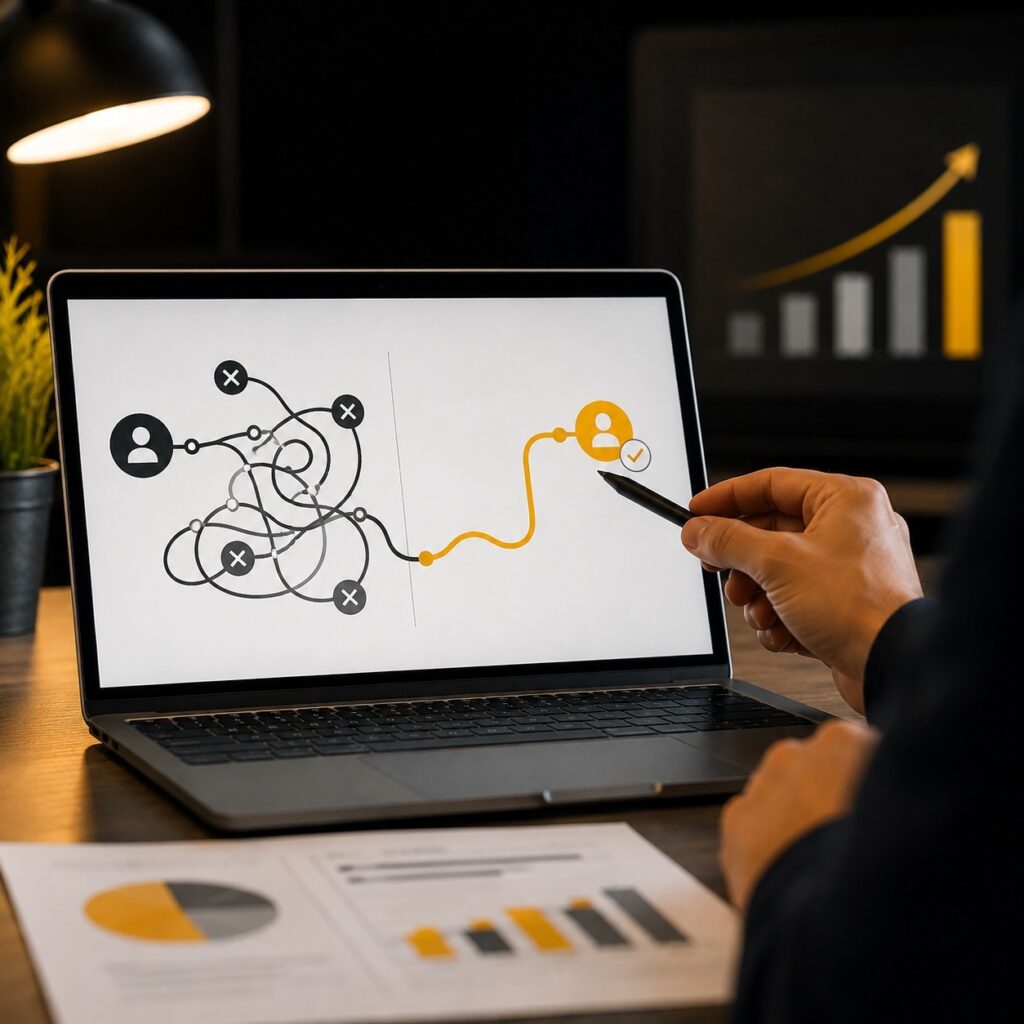 Digital marketing strategy showing customer journey optimization, data analysis, and business growth