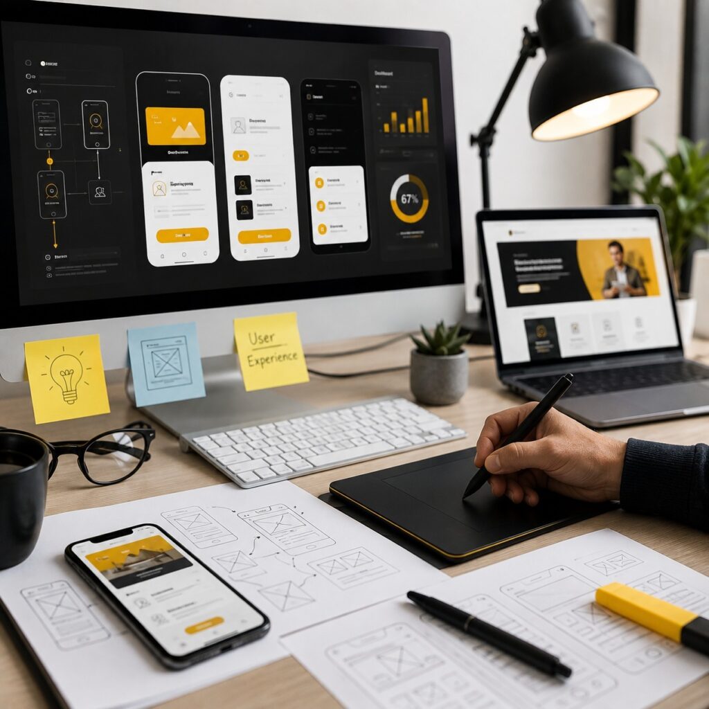 UI UX design and user experience planning with responsive app interfaces, wireframes, and usability testing 