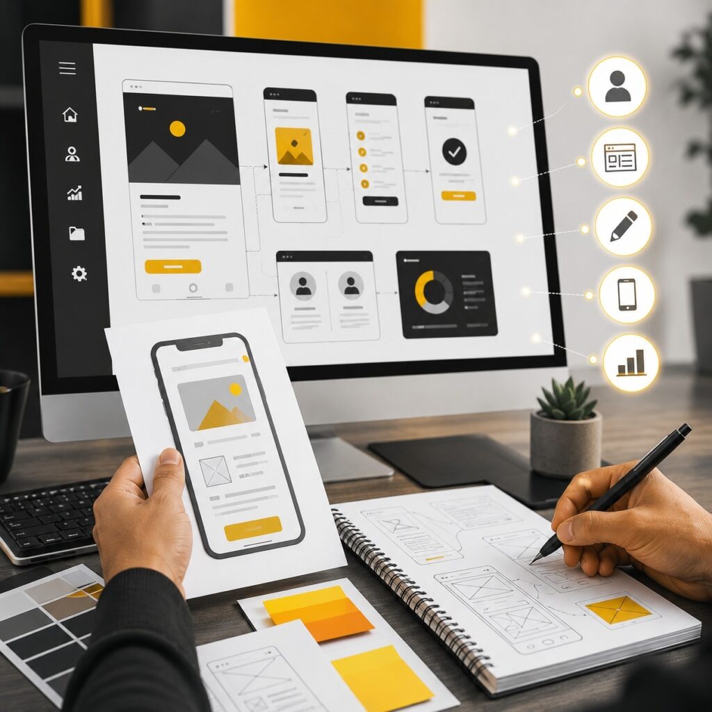 UI UX design and mobile app wireframing with responsive interface prototypes