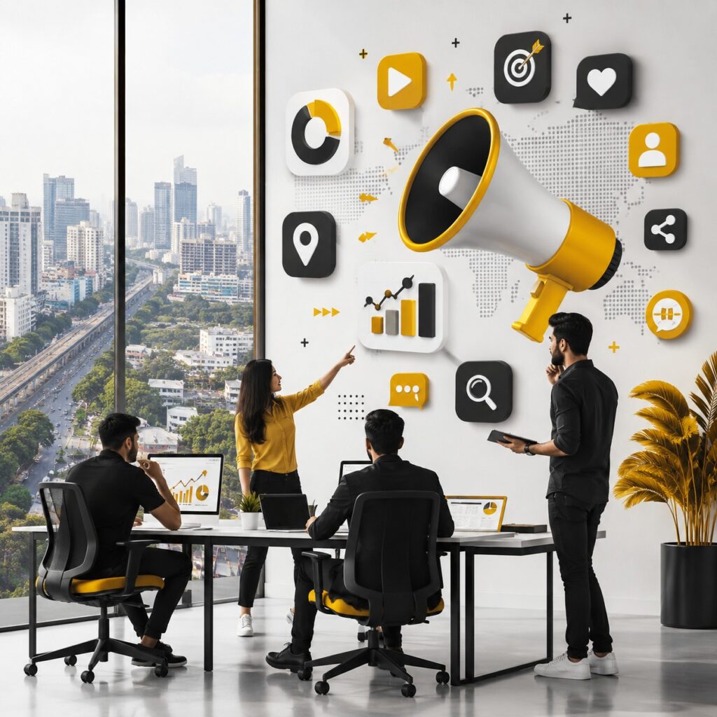 Digital marketing team discussing campaign strategy and analytics in a modern office with marketing and social media icons.