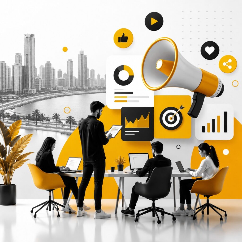 Digital marketing team working on online advertising and campaign analytics with megaphone, social media, target, and growth chart icons.