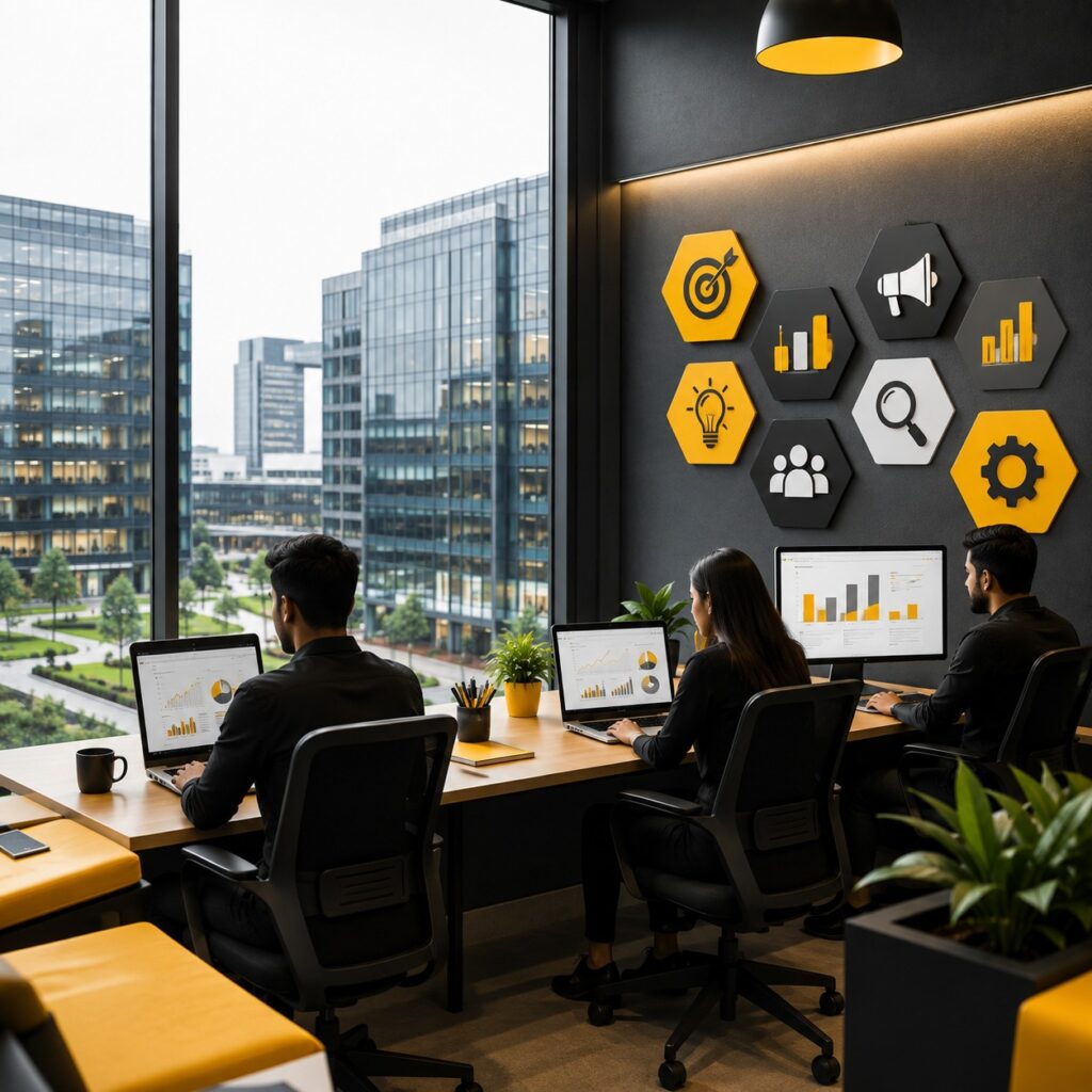 Digital marketing team analyzing campaign performance and growth data in a modern office with icons representing SEO, advertising, audience targeting, strategy, and analytics.