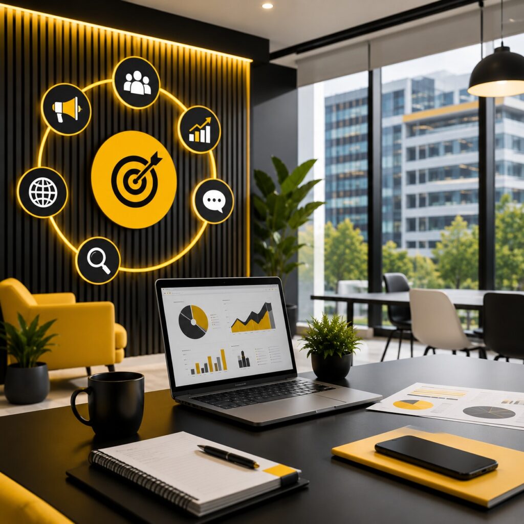 Digital marketing strategy workspace with analytics dashboard and icons representing SEO, advertising, audience engagement, communication, and business growth.