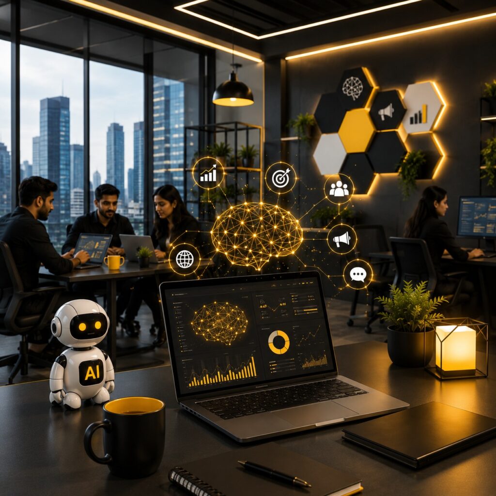 AI-powered digital marketing workspace featuring analytics dashboards, automation technology, campaign strategy icons, and a marketing team collaborating in a modern office.
