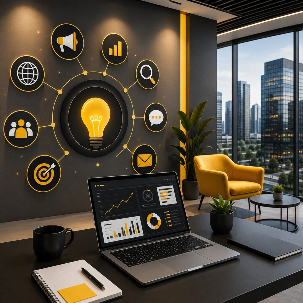 Digital marketing analytics workspace with a laptop displaying performance charts and icons representing SEO, advertising, audience targeting, email marketing, and business growth.