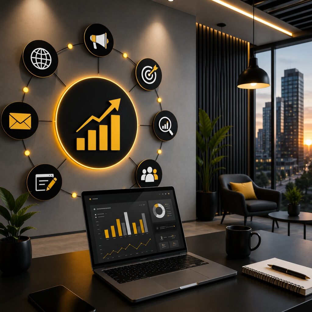 Digital marketing performance dashboard with growth analytics and icons representing SEO, advertising, email marketing, content strategy, audience targeting, and business growth.
