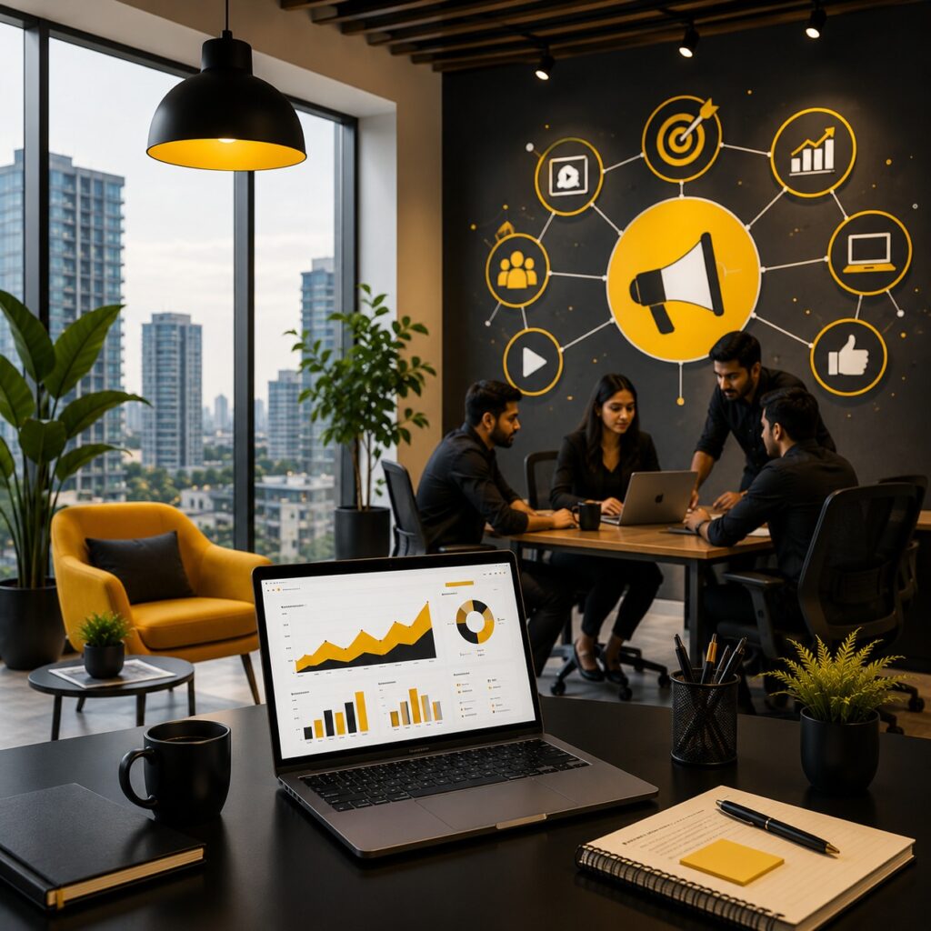 Digital marketing team collaborating on campaign strategy in a modern office, with analytics dashboard and icons for advertising, audience targeting, social media, and business growth.