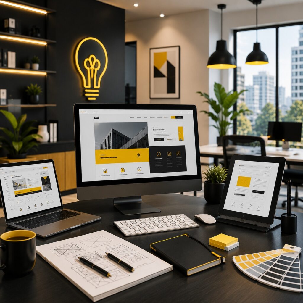 Professional UI UX design workspace featuring website mockups on desktop, laptop, and tablet screens with wireframes, color palette, and design planning materials.