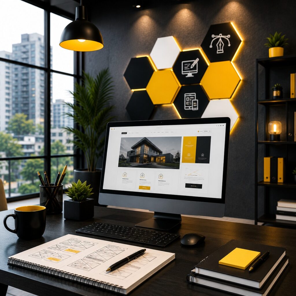 UI UX design workspace featuring a modern website interface on a desktop screen with wireframe sketches and web design tools in a creative office.