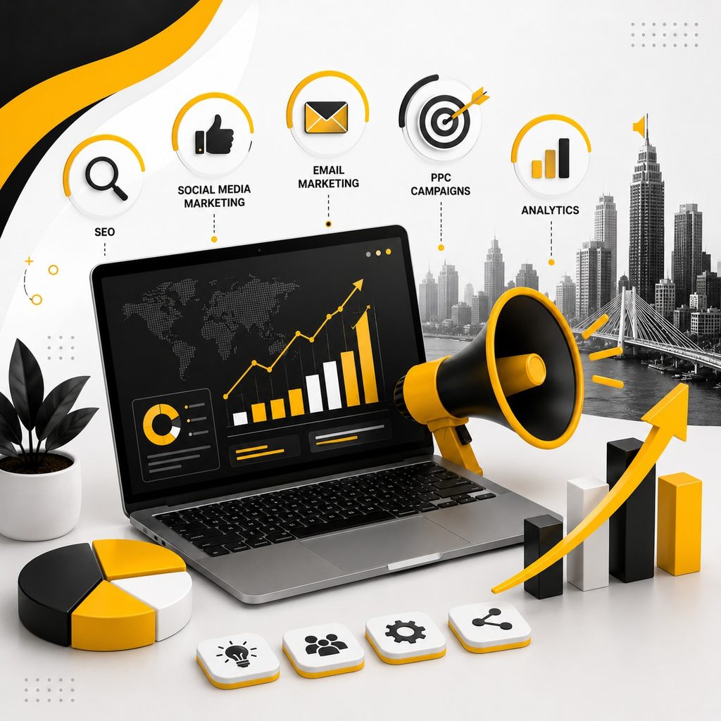 Digital marketing strategy featuring SEO, social media marketing, email marketing, PPC campaigns, and analytics with laptop and growth chart in Mumbai cityscape | Ace360 Degree