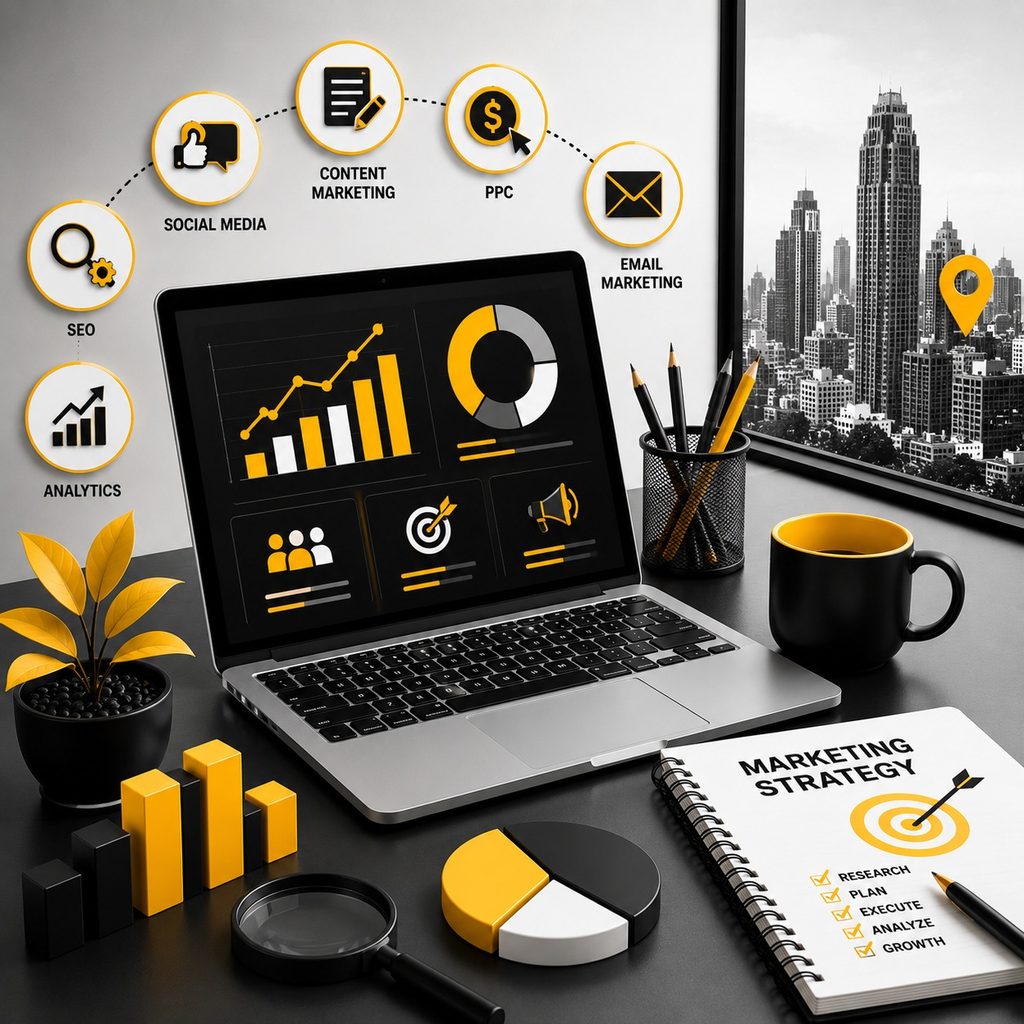 Digital marketing strategy in Mumbai featuring SEO, social media, content marketing, PPC, email marketing, analytics, and marketing growth charts.