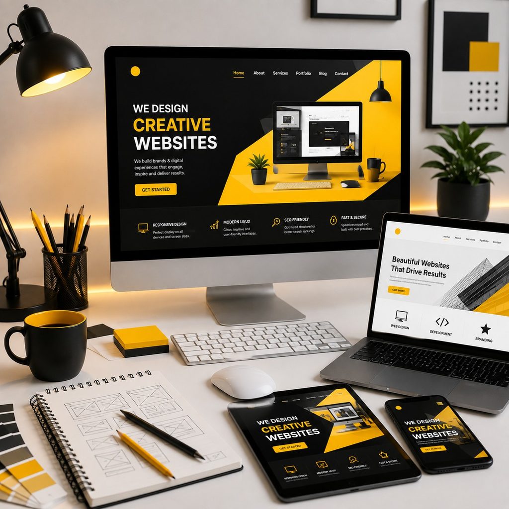 Creative website design displayed across desktop monitor, laptop, tablet, and smartphone, showcasing responsive web design, modern UI/UX, SEO-friendly development, and branding.