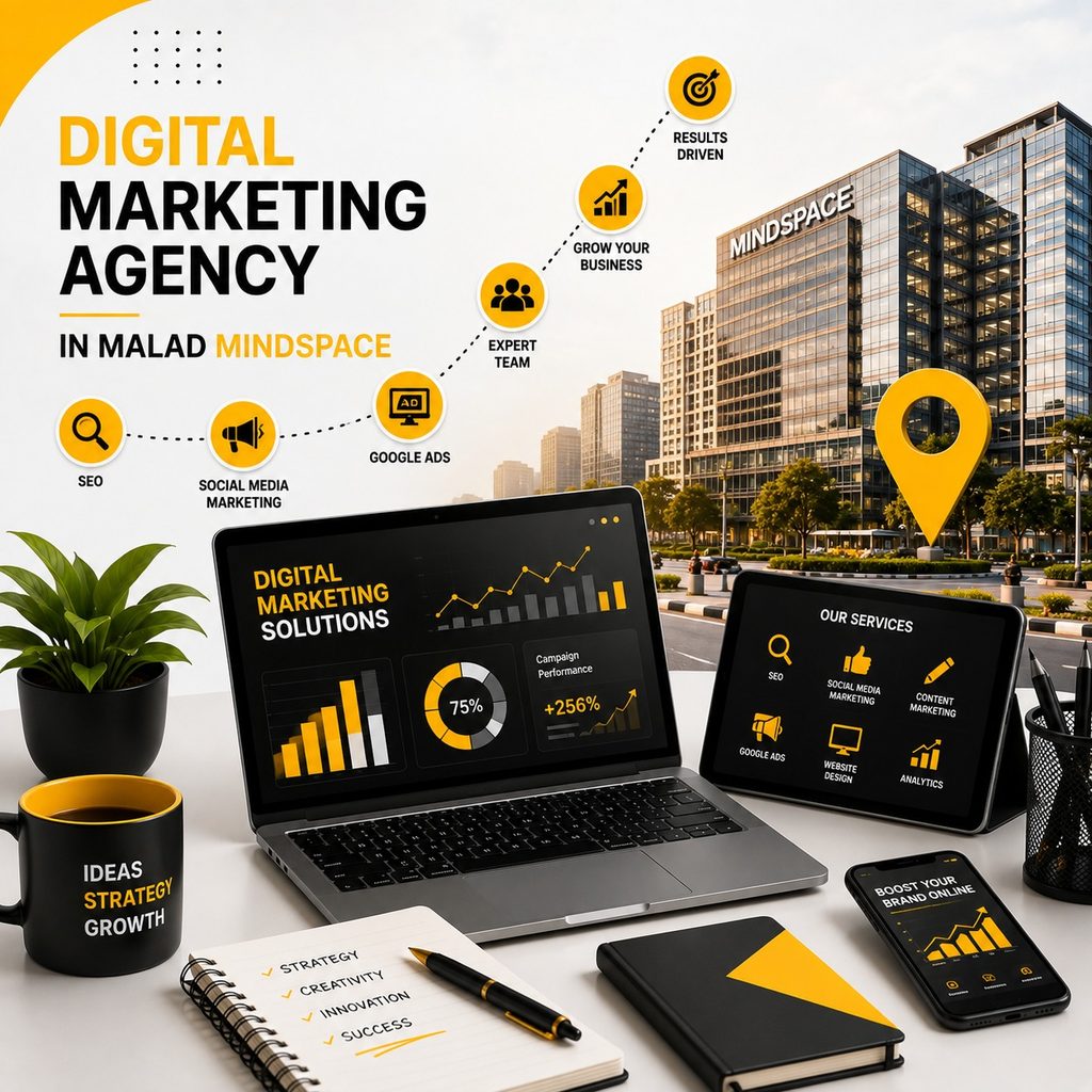 Digital marketing agency in Malad offering SEO, social media marketing, Google Ads, content marketing, website design, and analytics services.