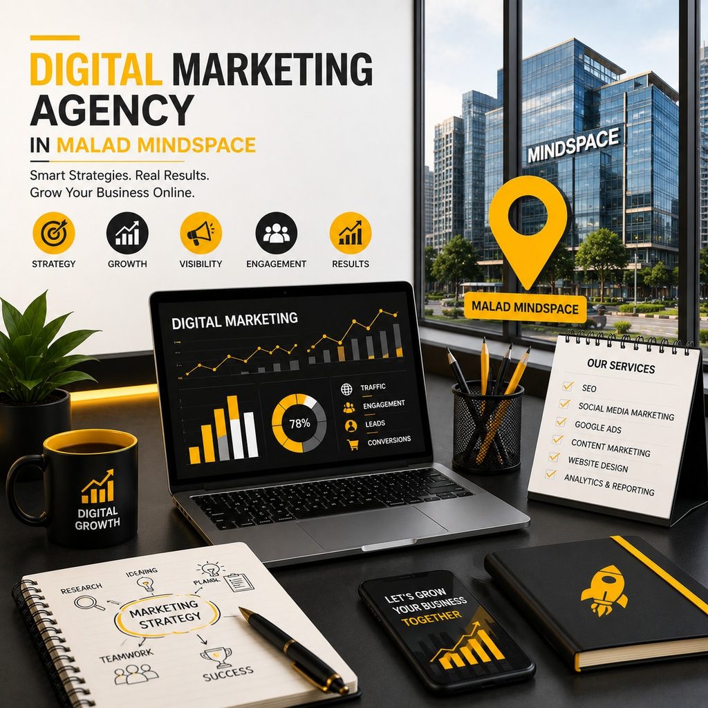 Digital marketing agency in Malad Mindspace offering SEO, social media marketing, Google Ads, content marketing, website design, analytics, and reporting.