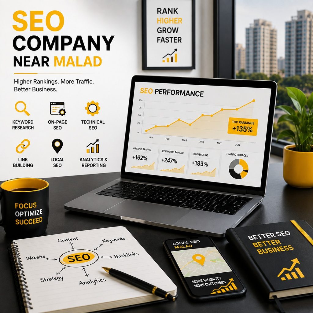SEO company near Malad offering keyword research, on-page SEO, technical SEO, link building, local SEO, analytics, and reporting.