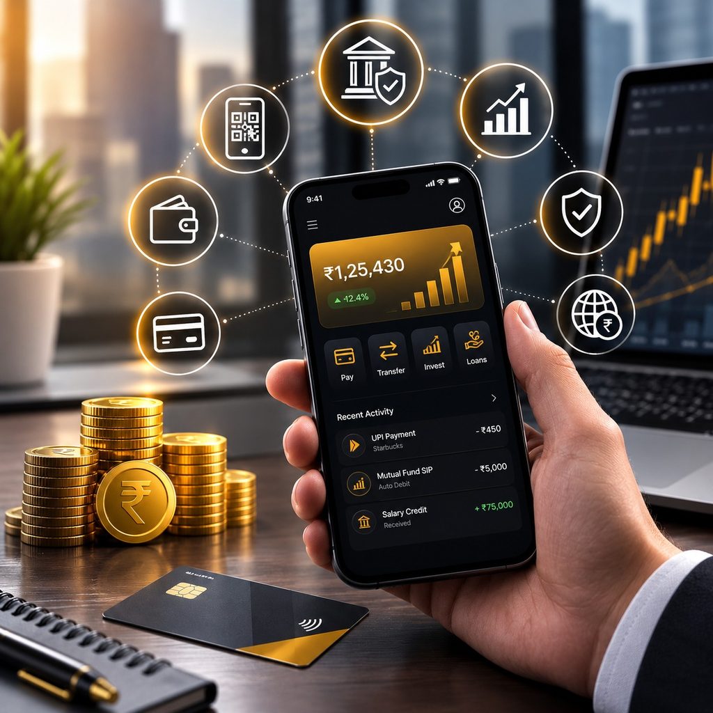 FinTech mobile banking app displaying digital payments, investments, money transfers, security, and financial growth with Indian rupee currency.
