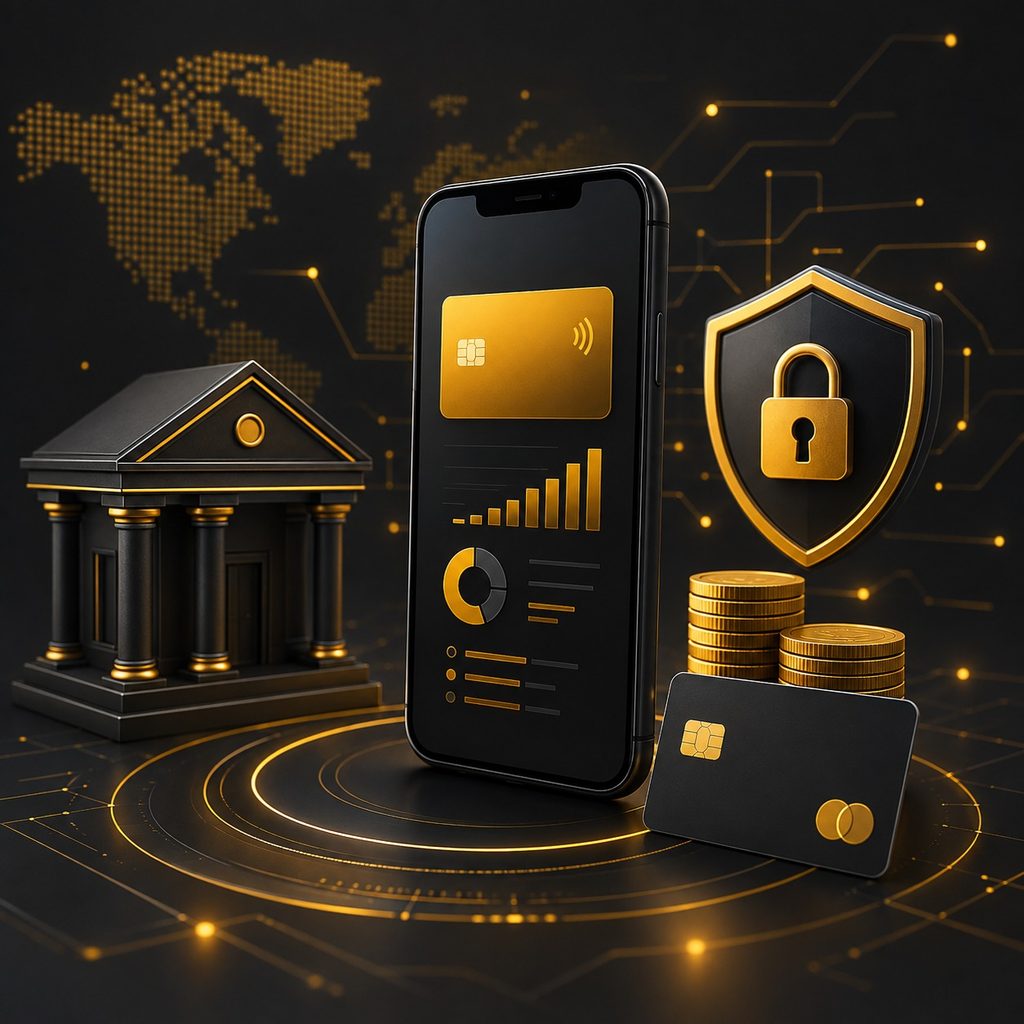 FinTech digital banking concept with smartphone, payment cards, bank icon, security shield, coins, and financial analytics.