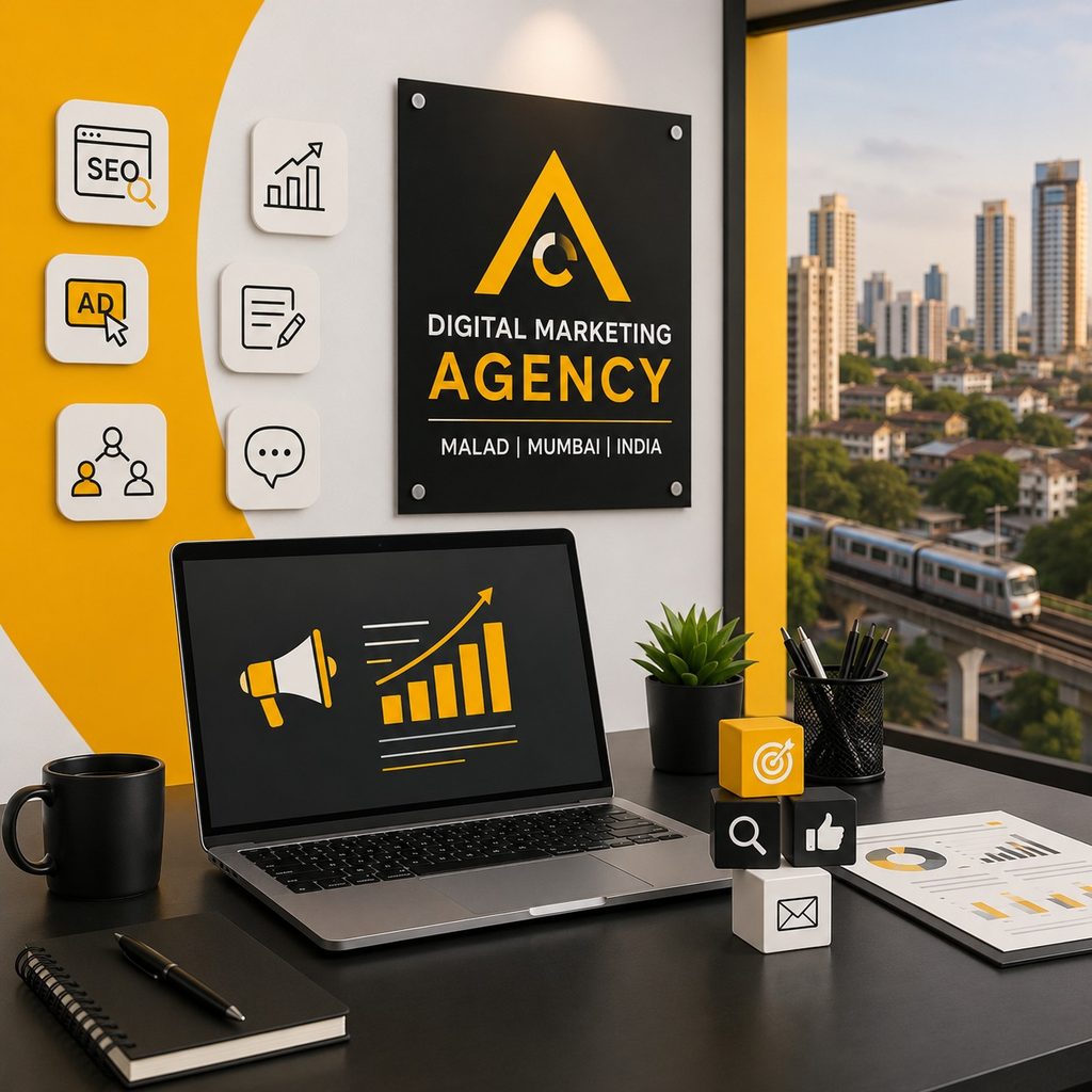 Digital marketing agency office setup with a laptop displaying advertising and growth analytics, SEO and marketing icons, agency branding, stationery, and a Mumbai cityscape visible through the window.