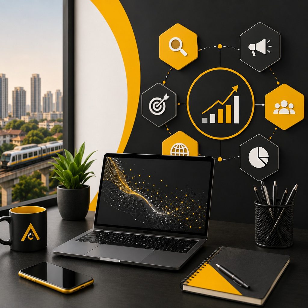 Digital marketing agency workspace featuring a laptop, smartphone, coffee mug, plant, and marketing analytics icons with SEO, advertising, targeting, social media, and growth graphics, overlooking a Mumbai cityscape.