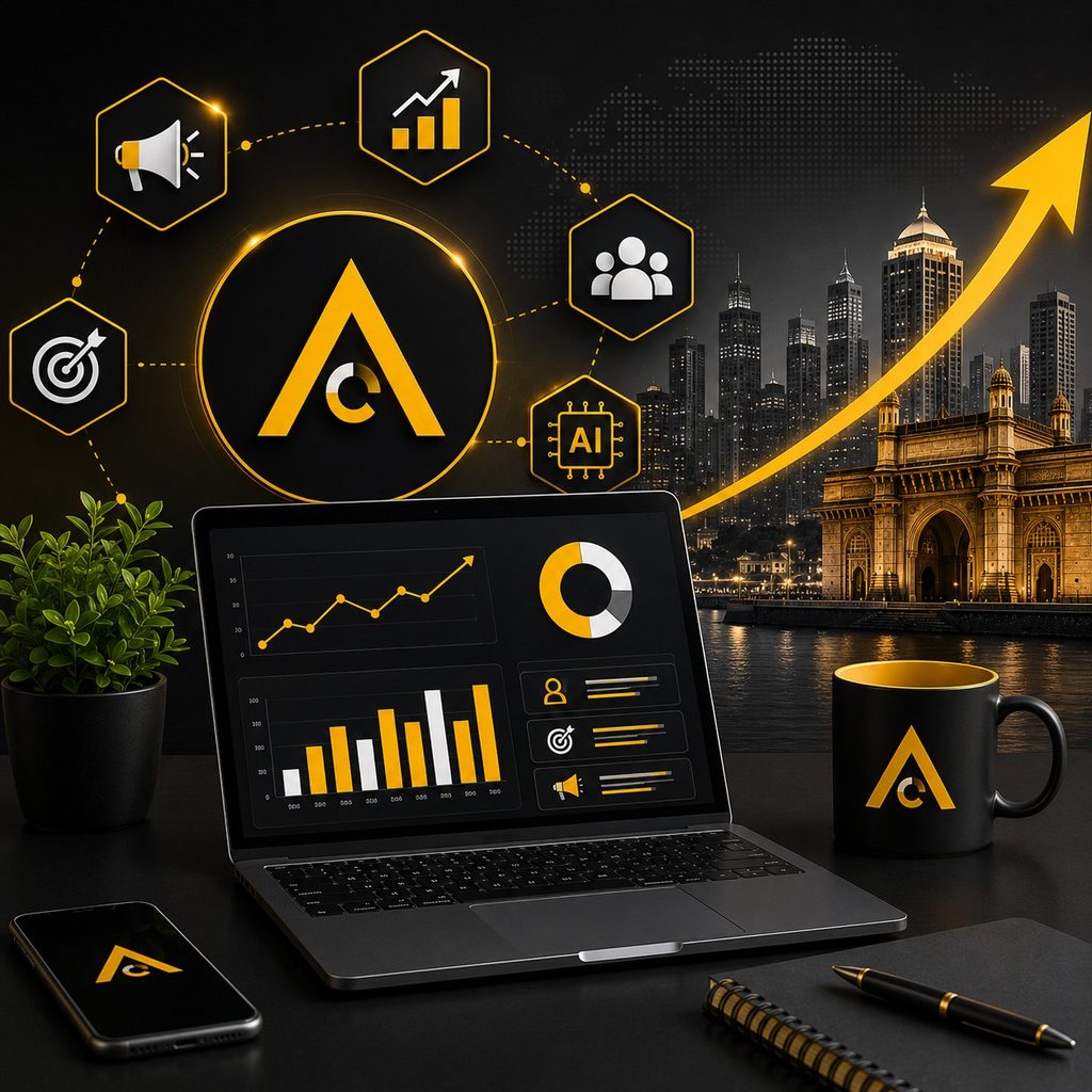 AI-powered digital marketing agency in Mumbai with analytics dashboard, growth chart, marketing icons, and Mumbai Gateway of India skyline.