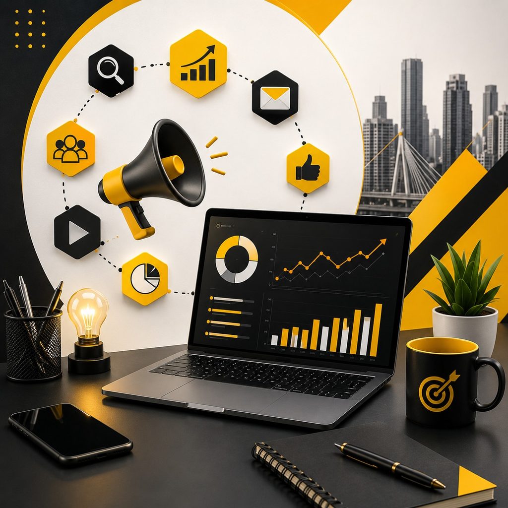 Digital marketing workspace with a laptop displaying analytics and growth charts, surrounded by SEO, social media, email marketing, advertising, and engagement icons, with a Mumbai cityscape in the background.
