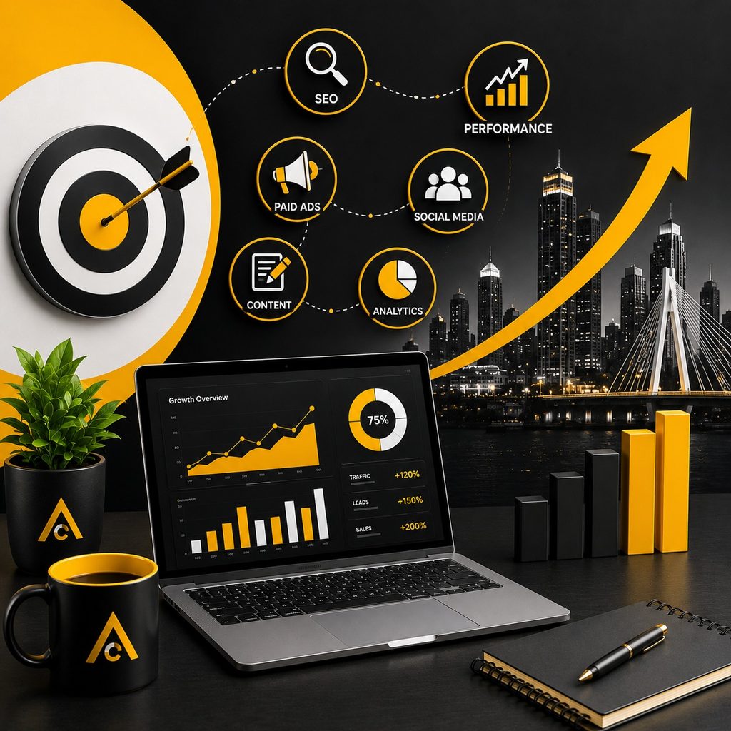 ROI-driven digital marketing agency workspace featuring SEO, paid ads, social media, content, analytics, and performance marketing icons, with a growth dashboard and Mumbai cityscape.