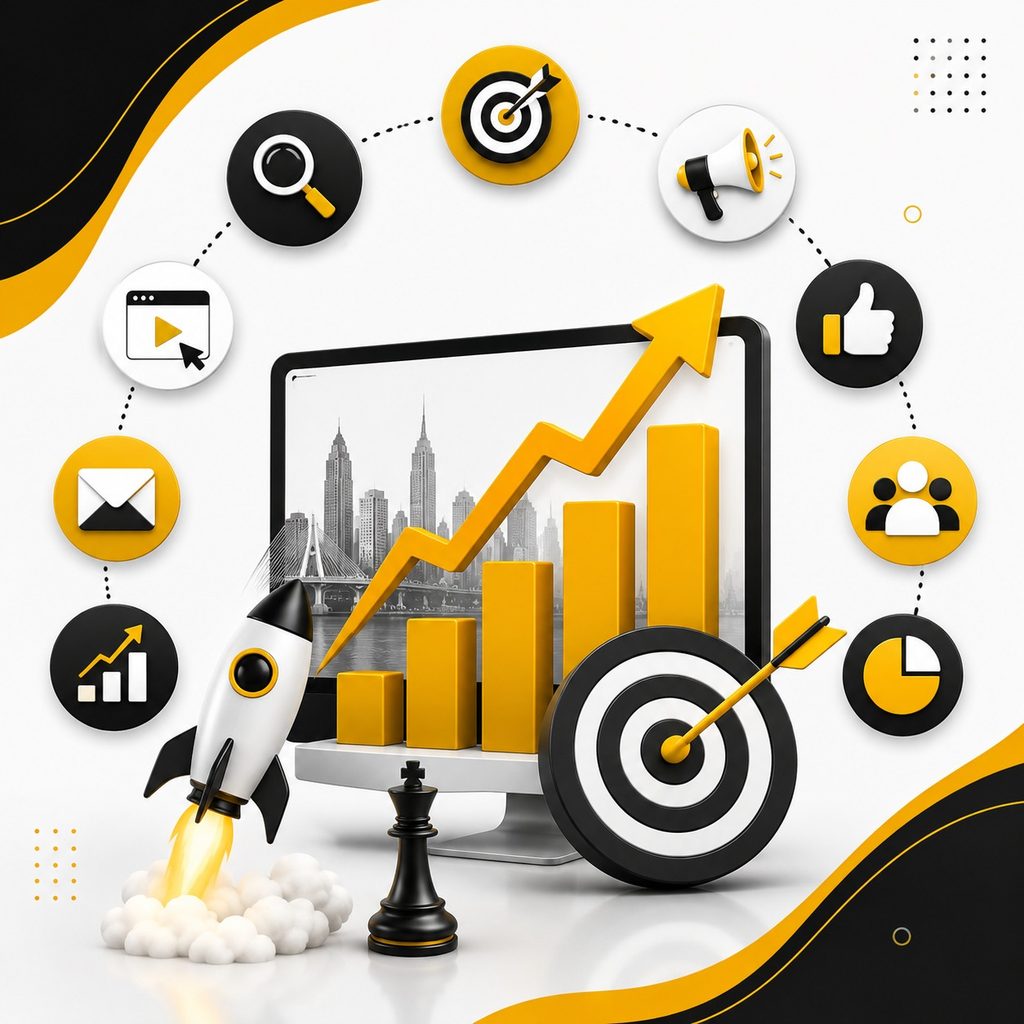 ROI-driven digital marketing strategy featuring SEO, paid advertising, social media, email marketing, analytics, target audience, and growth charts with a rising arrow.