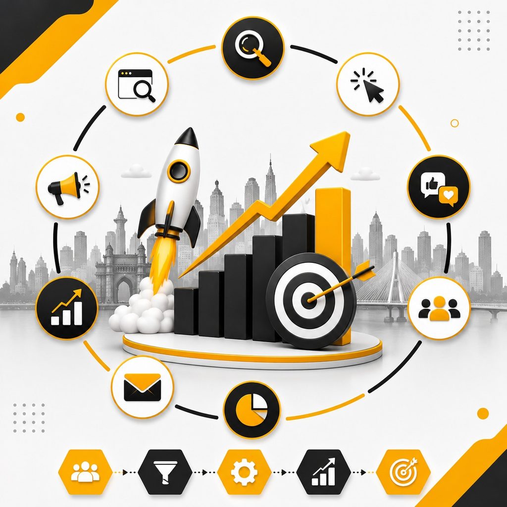 Digital marketing growth strategy featuring SEO, paid advertising, social media, email marketing, analytics, audience targeting, and a rising performance chart with a Mumbai skyline.